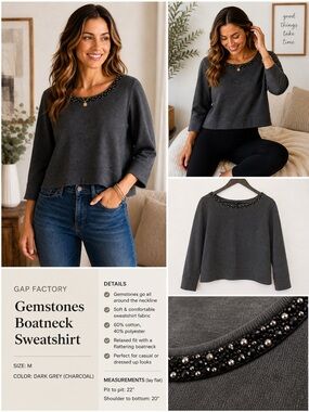Embellished Boatneck Sweatshirt Charcoal Grey Rhinestone Trim Cropped Top M GAP